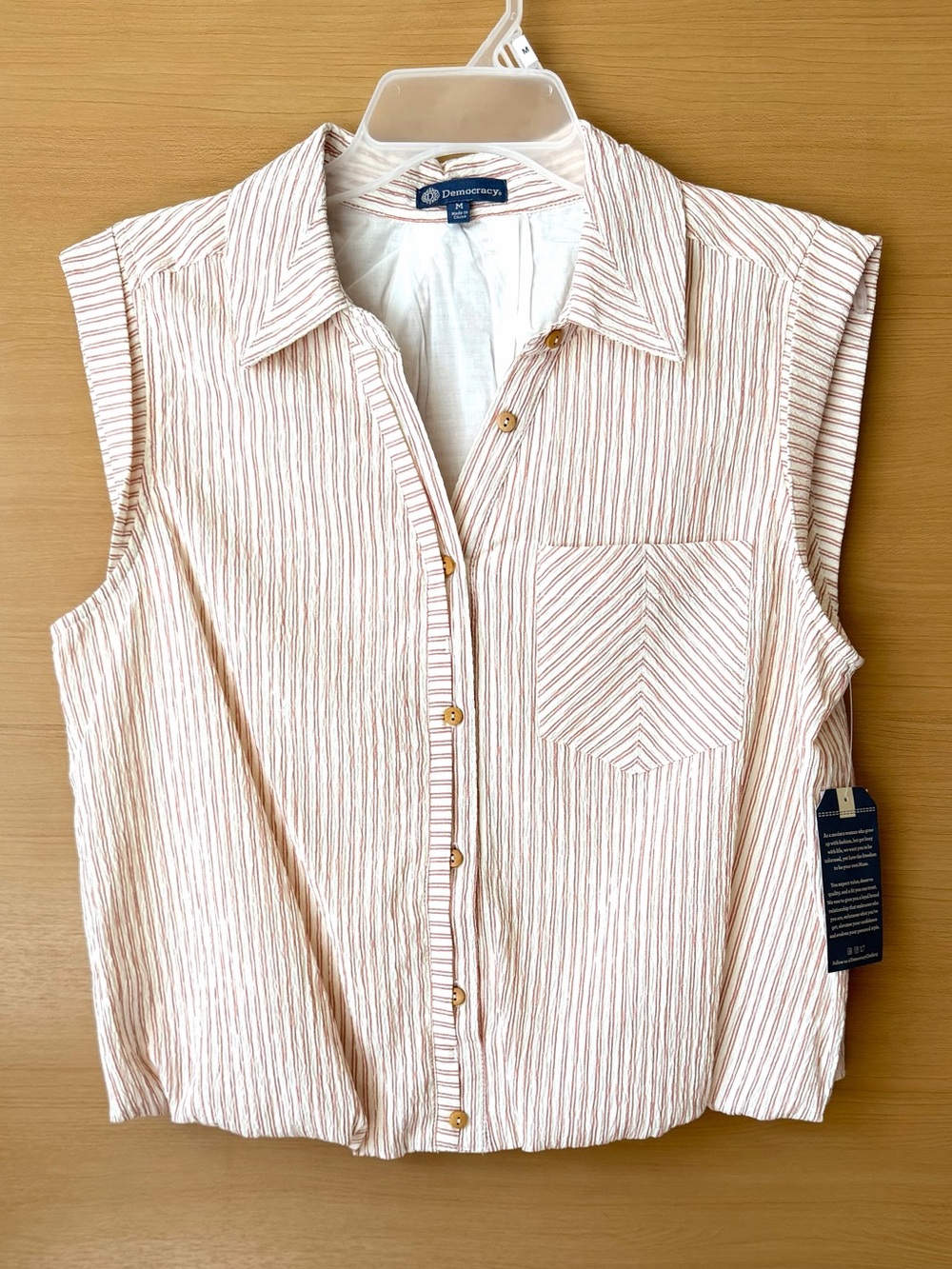 NWT Democracy Ecru Fired Brick Stripe Cap Sleeve Bubble Hem Blouse M - Picture 2 of 15